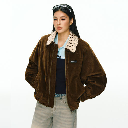 Ariseism 美式复古设计感花边领麂皮棉服外套女冬季新款保暖棉衣 商品图1