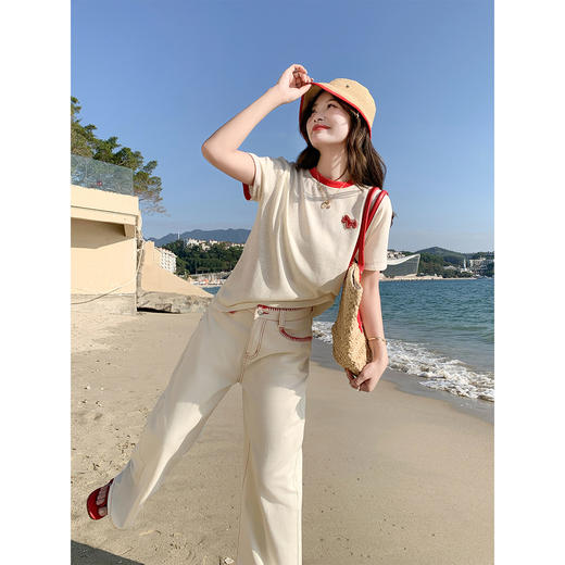 <曾小咸推荐>韩系撞色高腰直筒阔腿牛仔裤 商品图3