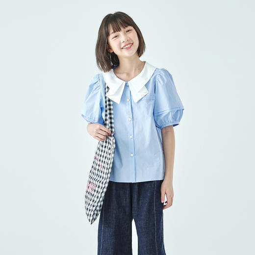 棵初26年夏季新款亲子中大女童蝴蝶结小衫泡泡袖蓝白撞色纯棉短袖 商品图2