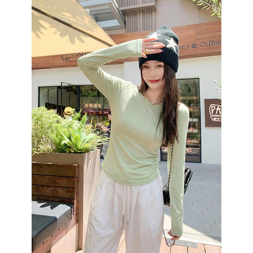 <曾小咸推荐>韩系绿色圆领简约长袖t恤女 商品图3