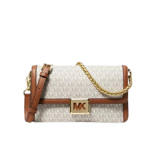 【品牌】MK SONIA 中号金属链条老花拼接单肩斜挎包香草白/橡果棕 商品图5