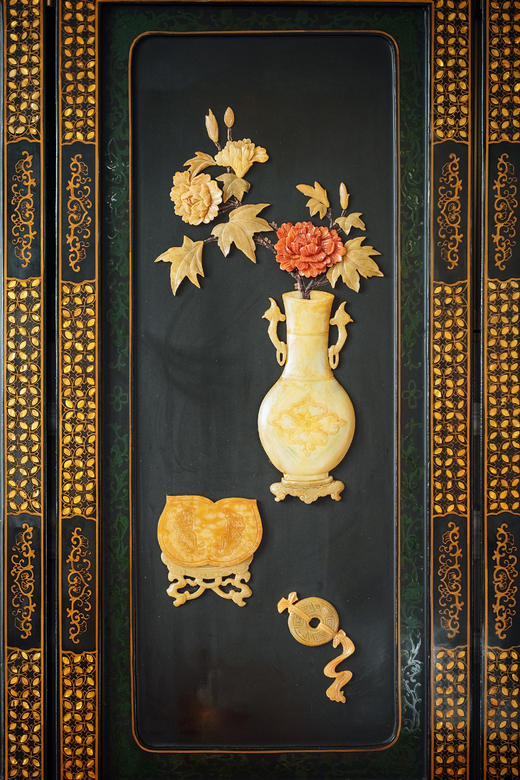 【已售】独角鹿西洋古董20世纪50-70年代中国创汇时期出品黑漆地百宝嵌博古纹四扇屏风 商品图7
