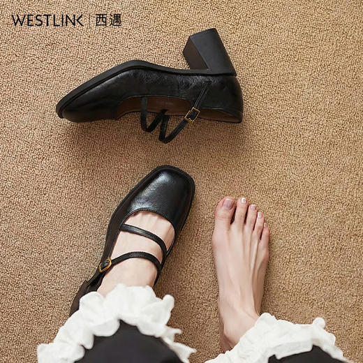 西遇浅口粗跟玛丽珍女鞋2026新款春季交叉细带皮鞋法式舒适单鞋子V0166266 商品图1