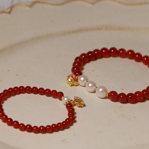 红玛瑙珍珠手串 单颗珍珠 5-6mm 玛瑙珠子 4mm  三颗珍珠 6-7mm 玛瑙珠子 6mm 配件 925 银镀金   新年氛围感 商品图0