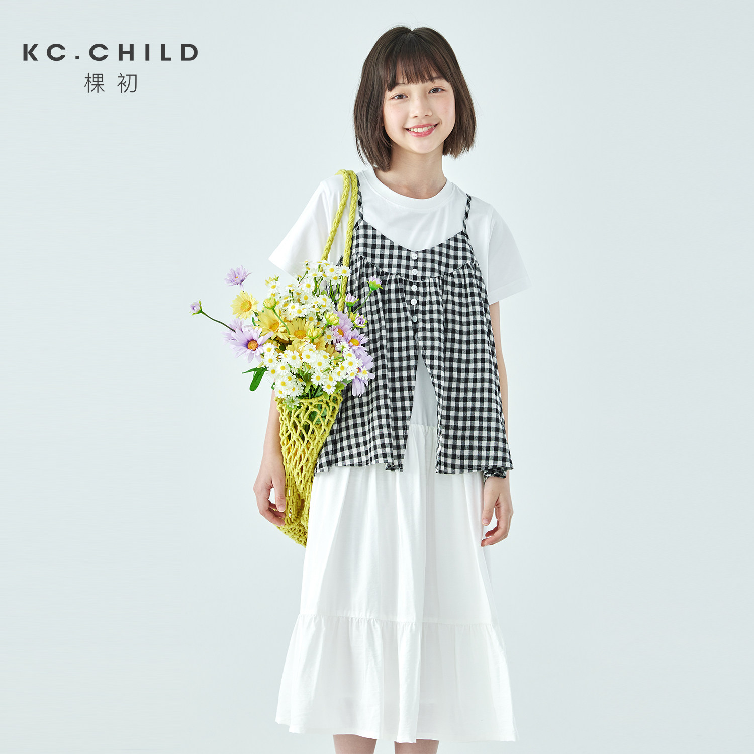 格纹吊带预售4.19发 白色连衣裙预售4.16发  棵初26年夏新款亲子中大女童黑白格纹吊带短袖T恤连衣裙两件套装