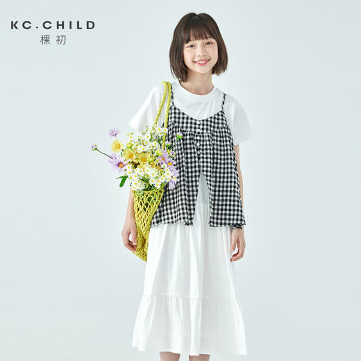 棵初26年夏新款亲子中大女童黑白格纹吊带短袖T恤连衣裙两件套装 商品图0