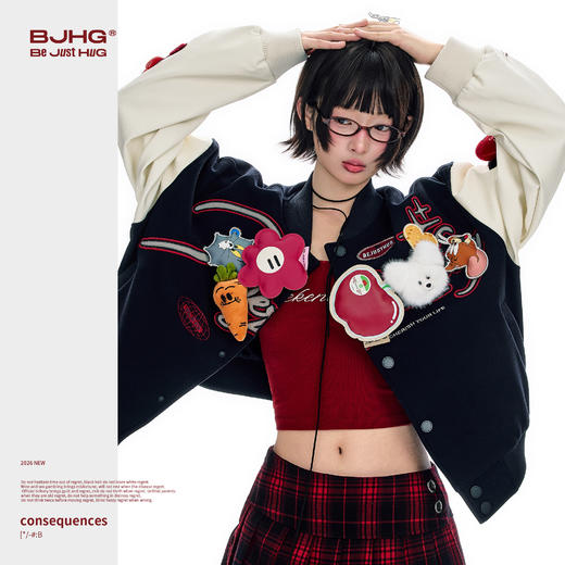 BJHG不计后果贴贴棒球服女款春季新款潮牌美式拼料蛋白皮夹克外套 商品图1