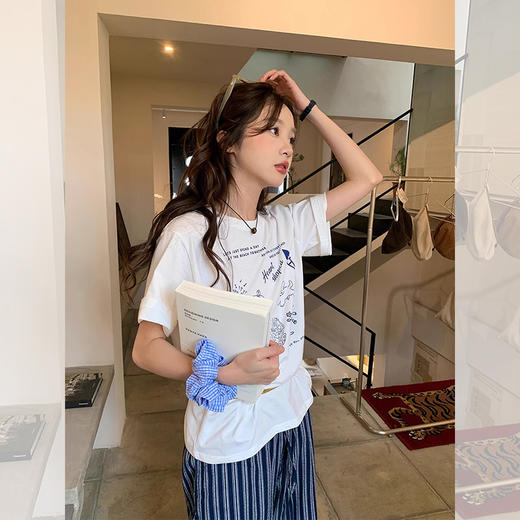 【限时秒杀】西遇卡通童趣字母印花短袖T恤女2026年春季新款宽松白色套头上衣SS060162 商品图3