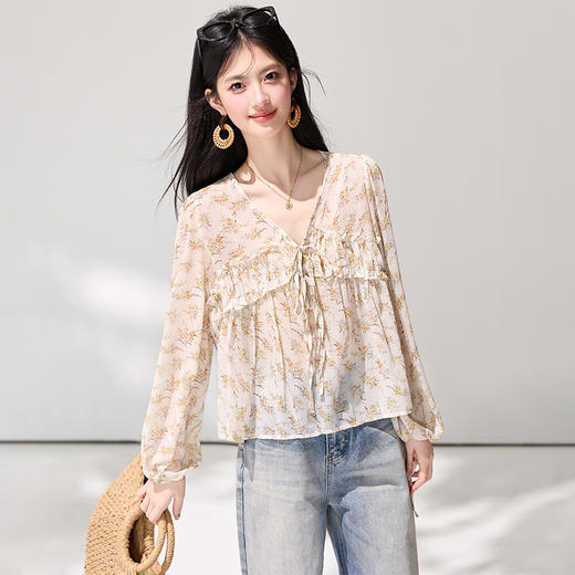 西遇法式碎花衬衫女2026春季新款V领蝴蝶结系带灯笼袖设计感衬衣SS060149 商品图1