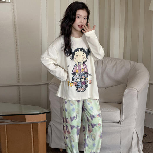 【自在舒适❗️居家慵懒感】女童春款家居服中大童卡通长袖T恤休闲宽松睡衣女孩甜美公主套装。jd 商品图3
