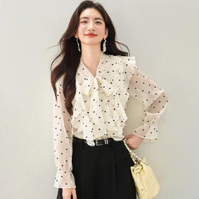 西遇荷叶边波点长袖衬衫女2026年春季新款法式v领宽松蝴蝶结上衣SS060151