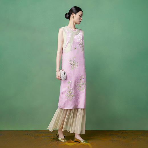 【林栖设计小店】花间芳菲|真丝罗绣花拼金葱纱2026春新款连衣裙1961234 商品图5