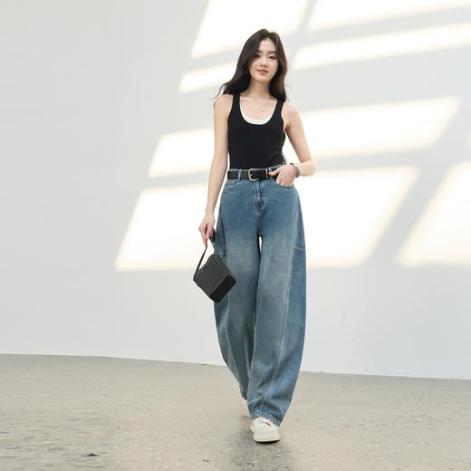 三彩2026春季新款复古休闲裤高腰牛仔裤长裤宽松弯刀裤显瘦垂感M 商品图1