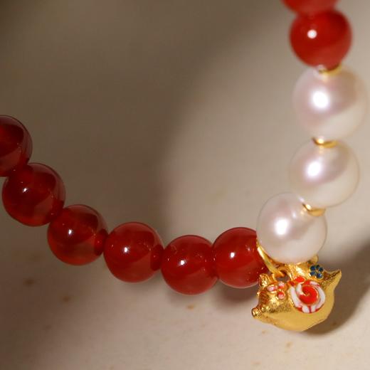 红玛瑙珍珠手串 单颗珍珠 5-6mm 玛瑙珠子 4mm  三颗珍珠 6-7mm 玛瑙珠子 6mm 配件 925 银镀金   新年氛围感 商品图4