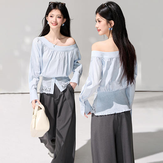 西遇斜领露肩蓝色衬衫女2026年春季新款不规则蕾丝薄款套头衬衣SS060150 商品图4
