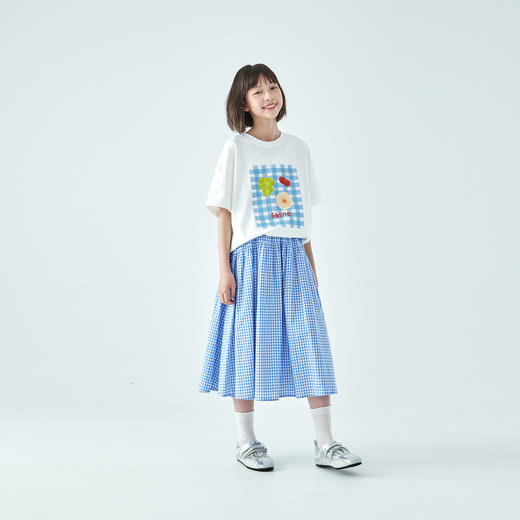 棵初26年夏季新款亲子中大女童蓝白格纹半裙宽松亲肤百搭伞面裙子 商品图1