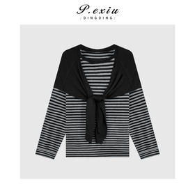 04-6潘依绣丁丁宠粉披肩设计撞色条纹圆领长袖上衣Q8813