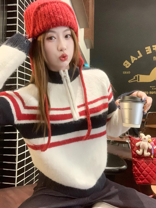 <曾小咸推荐>2.25现货秒杀 ！微信超特价！蓝白条纹拉链立领毛衣 日常199.99 立减110 秒杀89.99！！ 商品图14