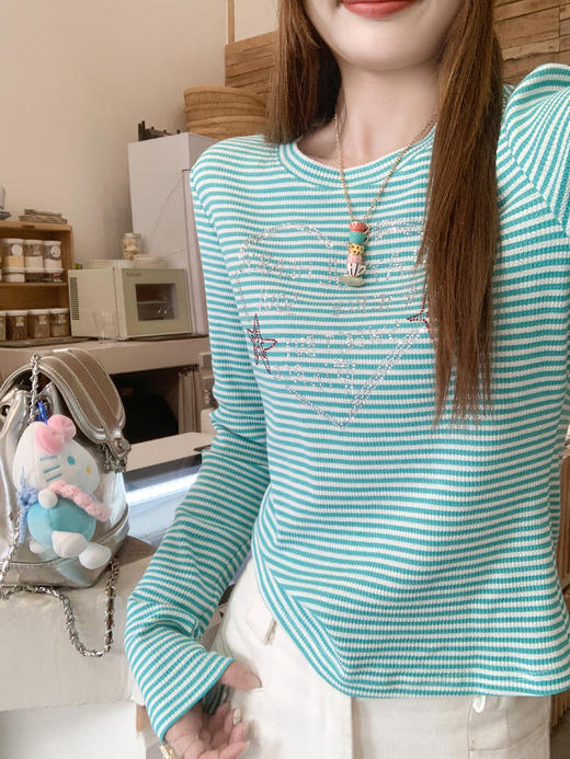 <曾小咸推荐>2.25现货秒杀 ！微信超特价！韩系条纹烫钻长袖 日常129.99 立减70 秒杀59.99！！ 商品图6