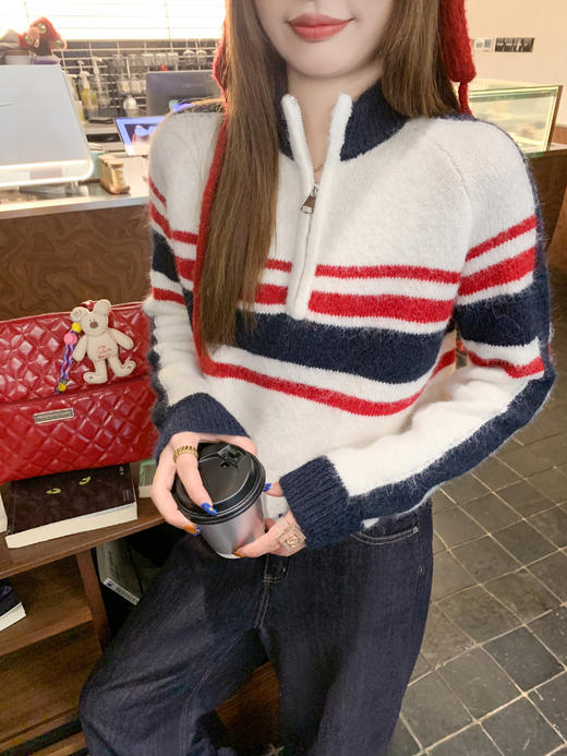<曾小咸推荐>2.25现货秒杀 ！微信超特价！蓝白条纹拉链立领毛衣 日常199.99 立减110 秒杀89.99！！ 商品图8