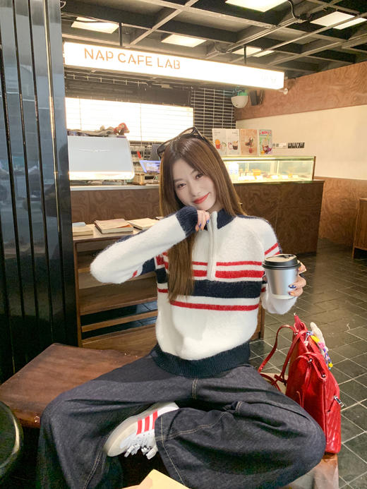 <曾小咸推荐>2.25现货秒杀 ！微信超特价！蓝白条纹拉链立领毛衣 日常199.99 立减110 秒杀89.99！！ 商品图7