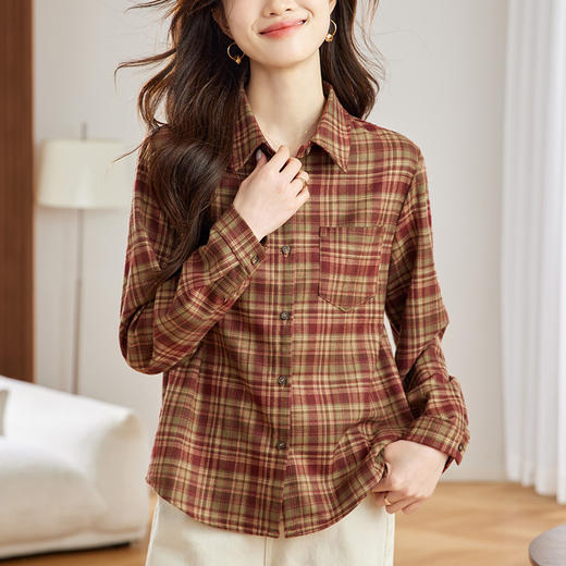 丁摩 磨毛红格子衬衫女长袖春装新款上衣文艺复古衬衣5ZF-410958 商品图1