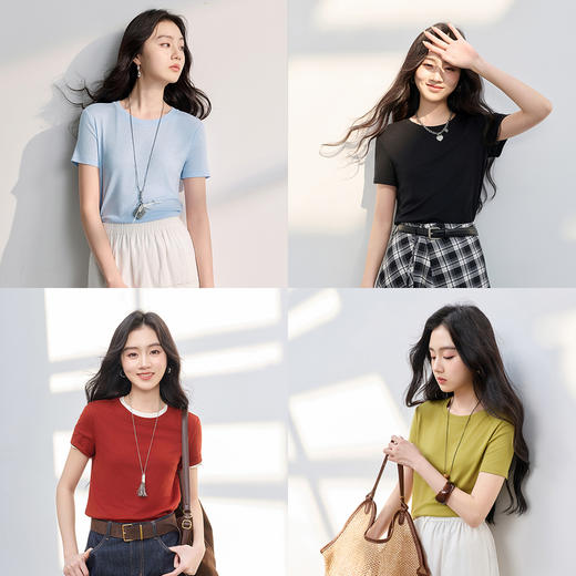 【莱赛尔羊毛瘦瘦T】三彩2026春季新款圆领短袖T恤套头上衣显瘦M 商品图1