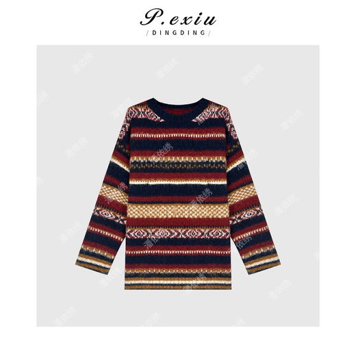 A008潘依绣丁丁宠粉软糯糯复古提花撞色针织上衣Q6214 商品图0