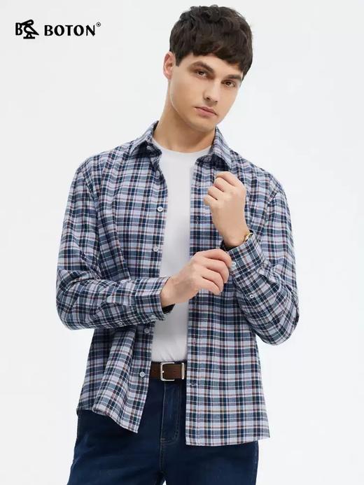 波顿男士春秋长袖格子衬衫高端合身美式休闲纯棉衬衣MS092125 商品图3