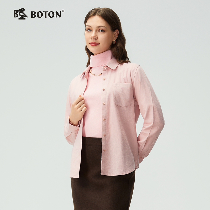 波顿女士秋冬季翻领净色磨毛长袖衬衫合身舒适百搭衬衣LS102325