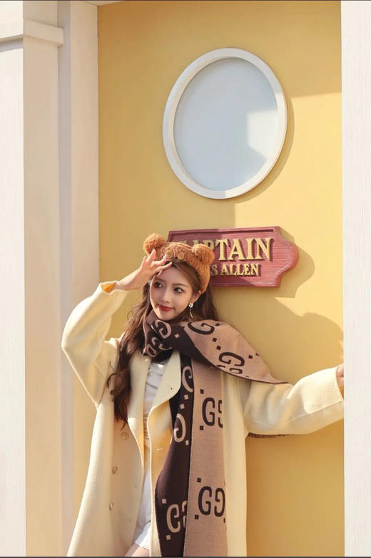 GUCCI 双G 老花 棕色 羊毛 围巾 商品图2