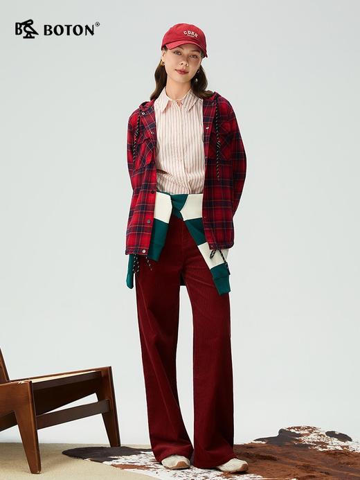 波顿女士春秋冬季翻领长袖磨毛格子衬衫连帽通勤休闲百搭舒适衬衣LS122325 商品图1