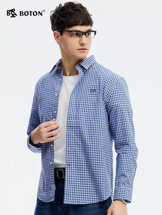 波顿男士春夏季彩蓝白色长袖格子衬衫高端美式休闲衬衣MS107125 商品图1