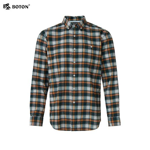 波顿男士春夏季格子衬衫长袖松绿白色美式休闲衬衣MS108125 商品图4
