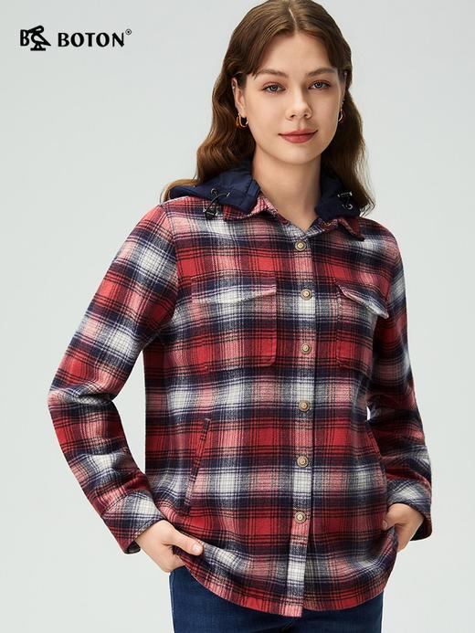 波顿女士秋冬季宽松可拆帽格子衬衫型外套百搭长袖磨毛外套LSJ090325 商品图3