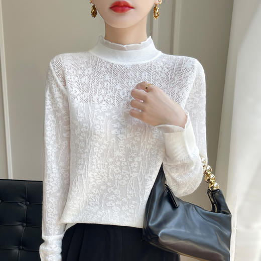 丁摩 春秋新款法式精纺羊毛半高领针织衫长袖蕾丝钩花设计感上衣5ZF-299 商品图1