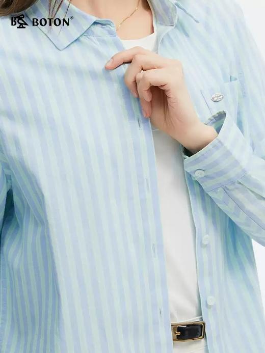 波顿女士春夏季蓝绿色竖条纹长袖衬衫高端美式休闲纯棉衬衣LS052125 商品图3