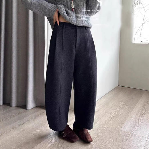 丁摩 灰色毛呢加绒加厚弯刀裤女秋冬九分垂感镰刀裤子高腰5ZF-0017 商品图3