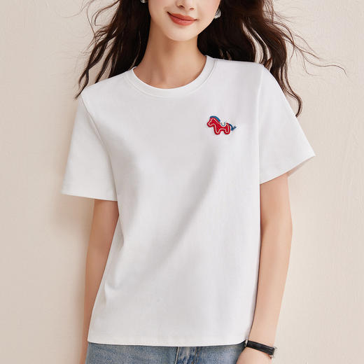 丁摩 95%棉早春新款韩系卡通刺绣圆领短袖T恤女半袖打底衫巨好看的上衣5ZF-W20 商品图1
