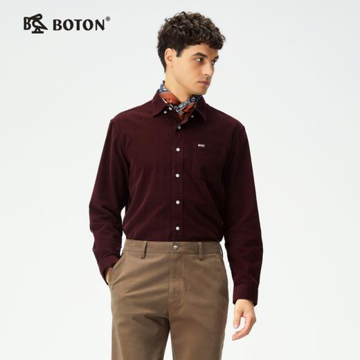 波顿男士秋冬灯芯绒净色长袖衬衫翻领修身通勤百搭衬衣MS130325 商品图0