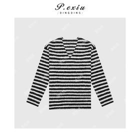 A008潘依绣丁丁宠粉韩系慵懒条纹V领长袖上衣Q6584