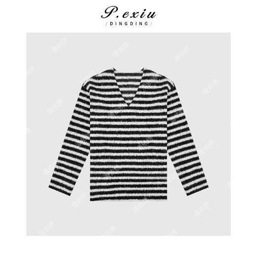 A008潘依绣丁丁宠粉韩系慵懒条纹V领长袖上衣Q6584 商品图0