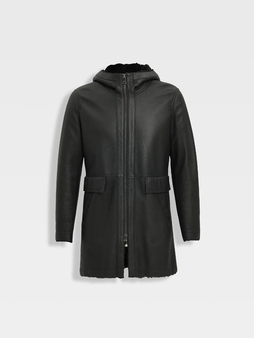 callisto黑色长款羊毛皮革皮衣 商品图0