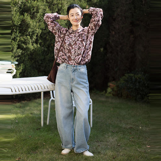 绽放029朵/"马上笑开花"衬衫·双纱微皱棉感花卉印花长袖衬衫女春 商品图3