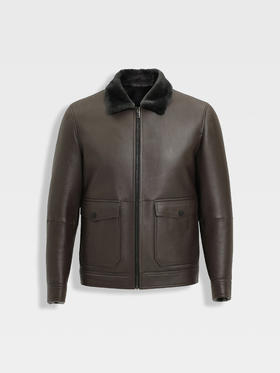 callisto咖色羊毛皮革翻领皮草