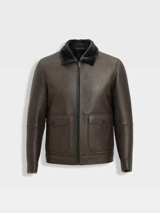 callisto咖色羊毛皮革翻领皮草 商品图0