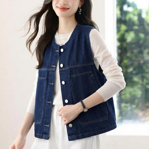 百媚生 复古深蓝色牛仔马甲女短款春秋马夹BK9006 商品图0