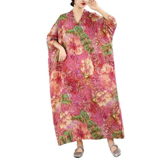百媚生 V领印花袍子长裙女遮肉显瘦棉麻连衣裙5254 商品图4