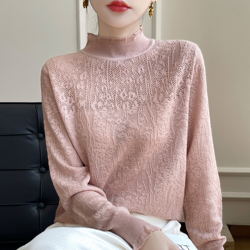 丁摩 春秋新款法式精纺羊毛半高领针织衫长袖蕾丝钩花设计感上衣5ZF-299