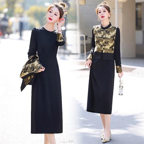 丁摩 新中式风复古盘扣马甲丝绒连衣裙套装女春秋显瘦长裙两件套5ZF-12643 商品图3